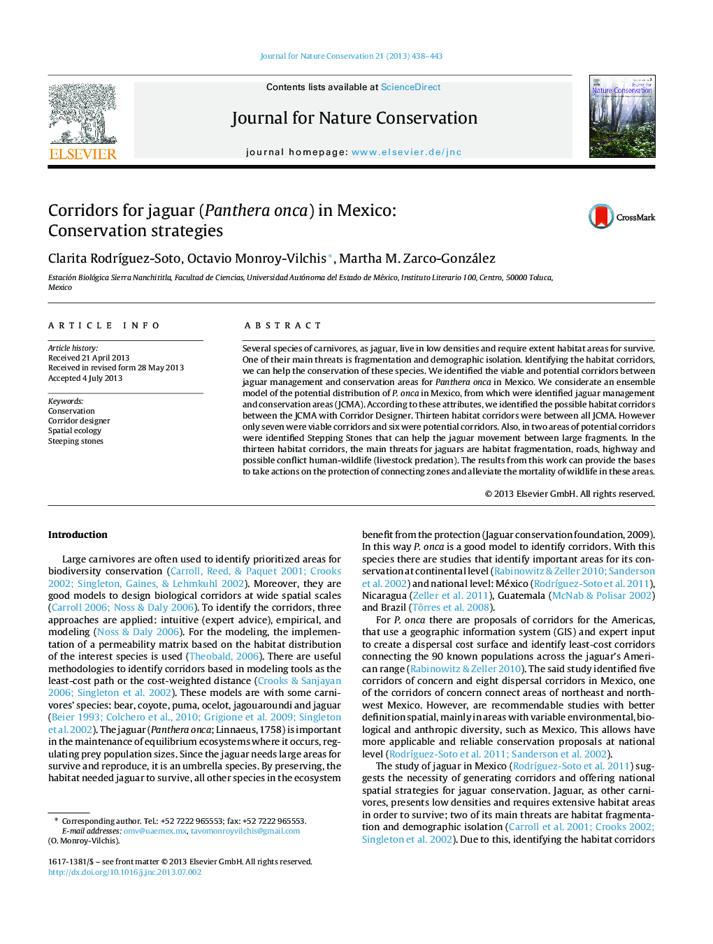 Corridors for jaguar (Panthera onca) in Mexico: Conservation strategies