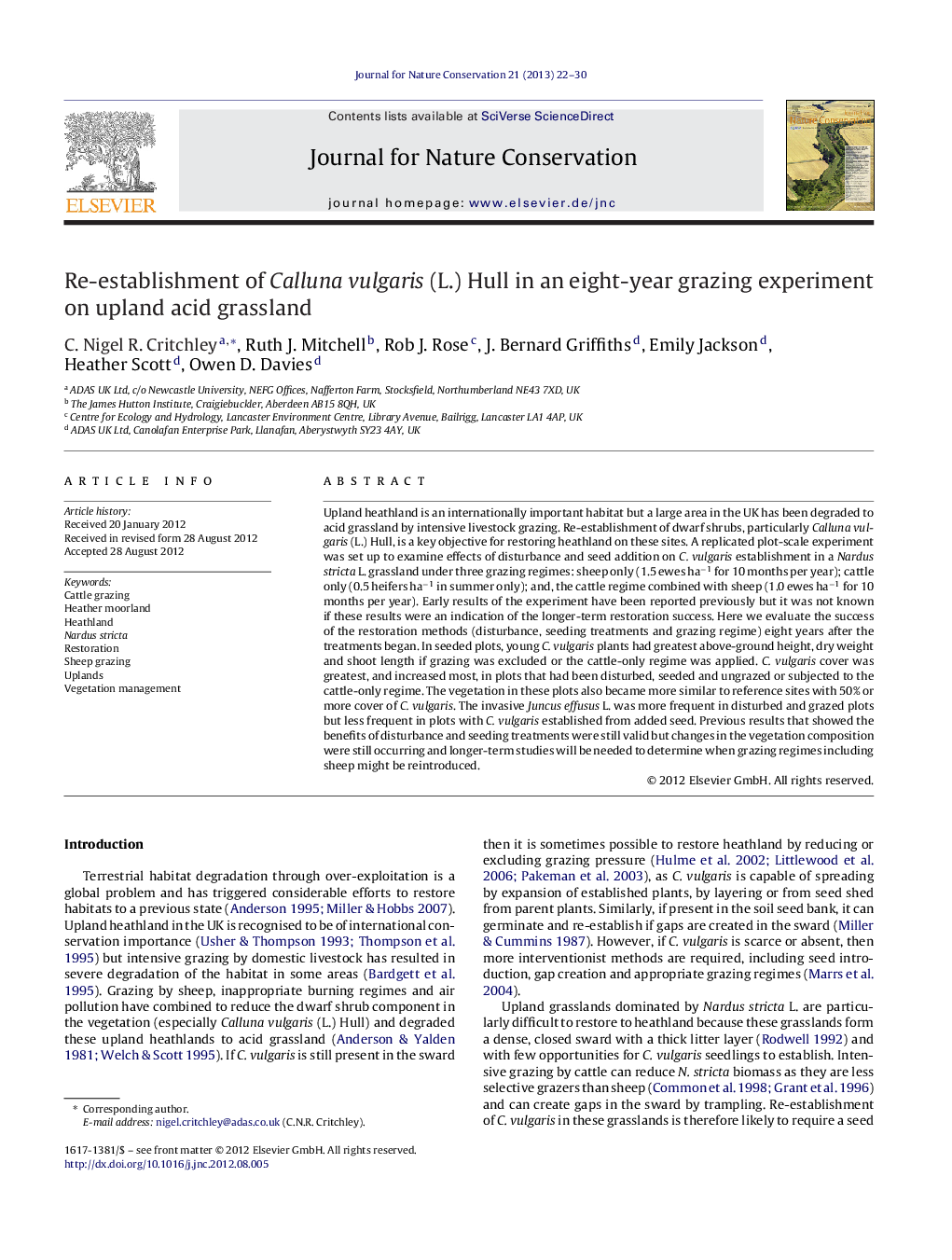 عکس صفحه اول مقاله: Re-establishment of Calluna vulgaris (L.) Hull in an eight-year grazing experiment on upland acid grassland Re-establishment of Calluna vulgaris (L.) Hull in an eight-year grazing experiment on upland acid grassland