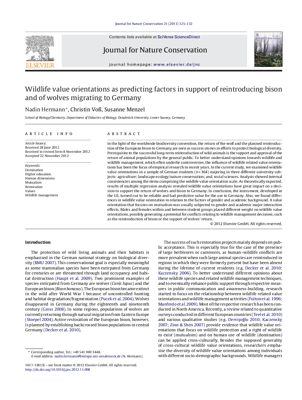 Wildlife value orientations as predicting factors in support of reintroducing bison and of wolves migrating to Germany