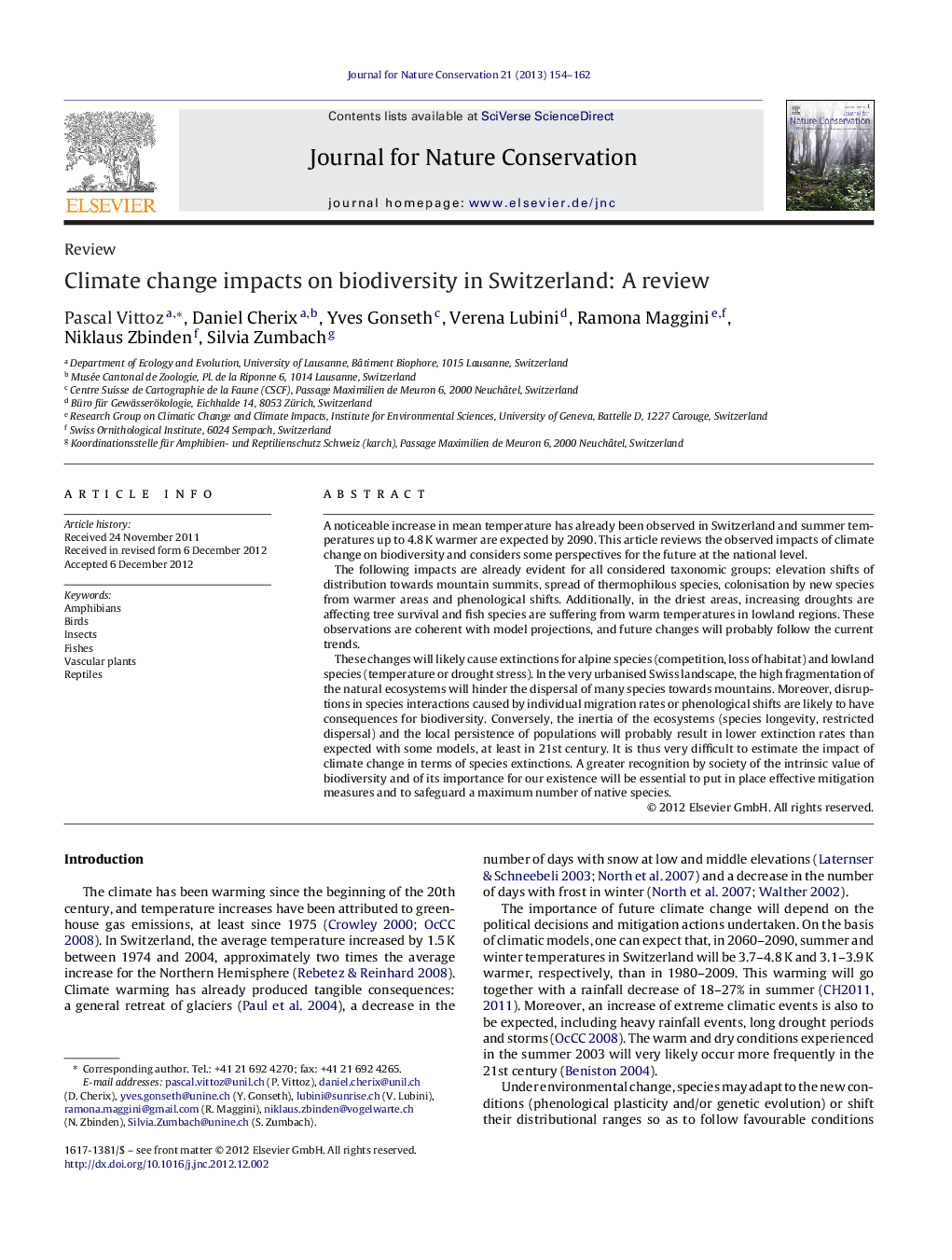 Climate change impacts on biodiversity in Switzerland: A review