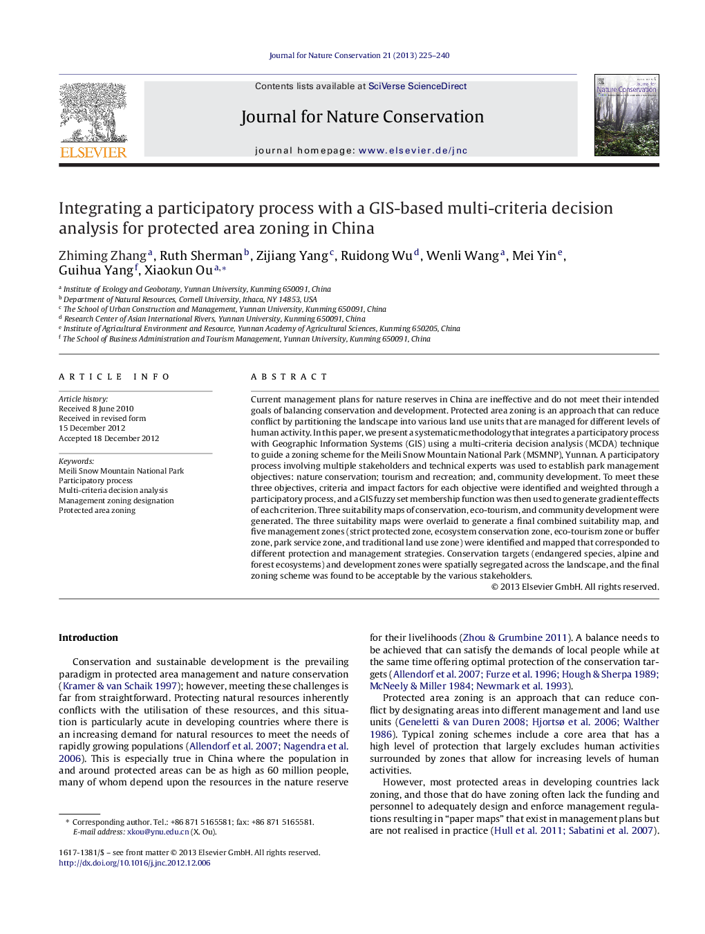 عکس صفحه اول مقاله: Integrating a participatory process with a GIS-based multi-criteria decision analysis for protected area zoning in China Integrating a participatory process with a GIS-based multi-criteria decision analysis for protected area zoning in China