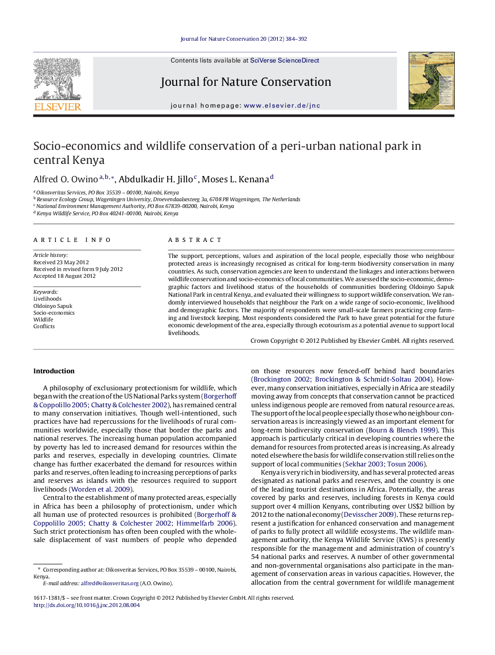 Socio-economics and wildlife conservation of a peri-urban national park in central Kenya