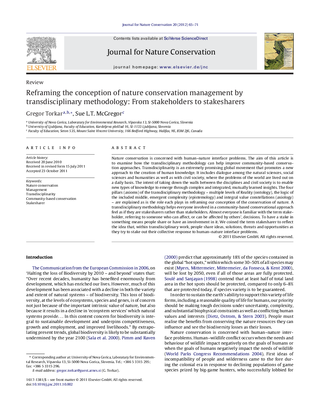 Reframing the conception of nature conservation management by transdisciplinary methodology: From stakeholders to stakesharers