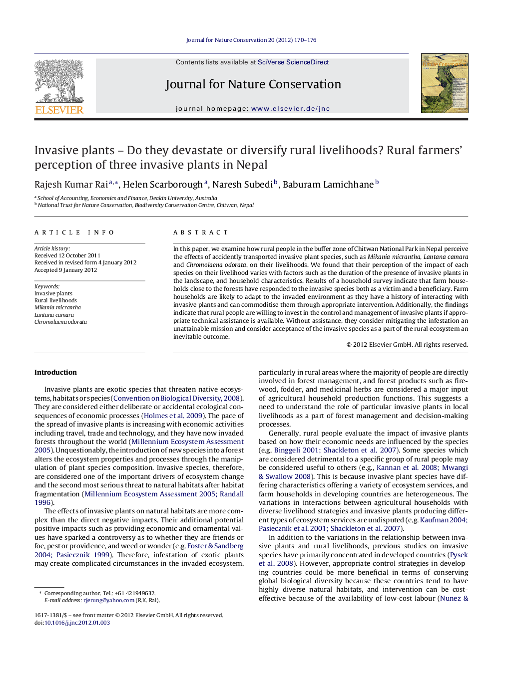 Invasive plants - Do they devastate or diversify rural livelihoods? Rural farmers' perception of three invasive plants in Nepal