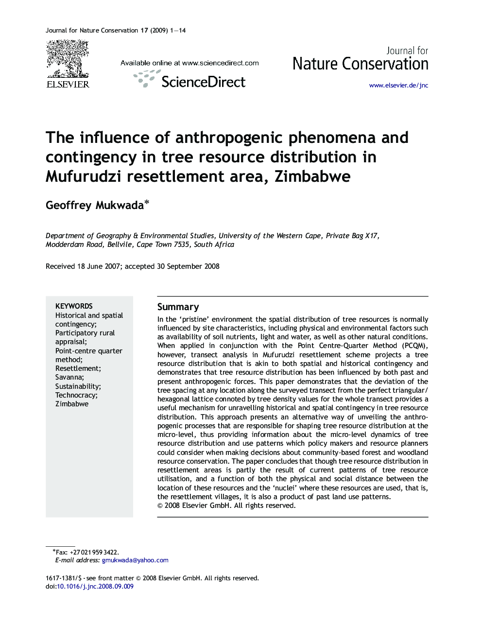 The influence of anthropogenic phenomena and contingency in tree resource distribution in Mufurudzi resettlement area, Zimbabwe
