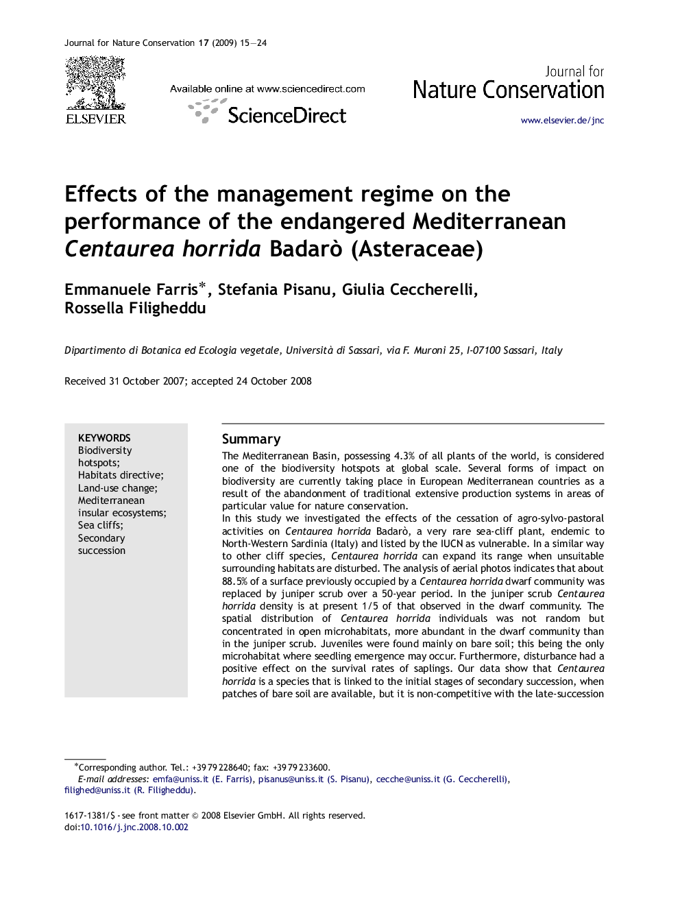 Effects of the management regime on the performance of the endangered Mediterranean Centaurea horrida Badarò (Asteraceae)