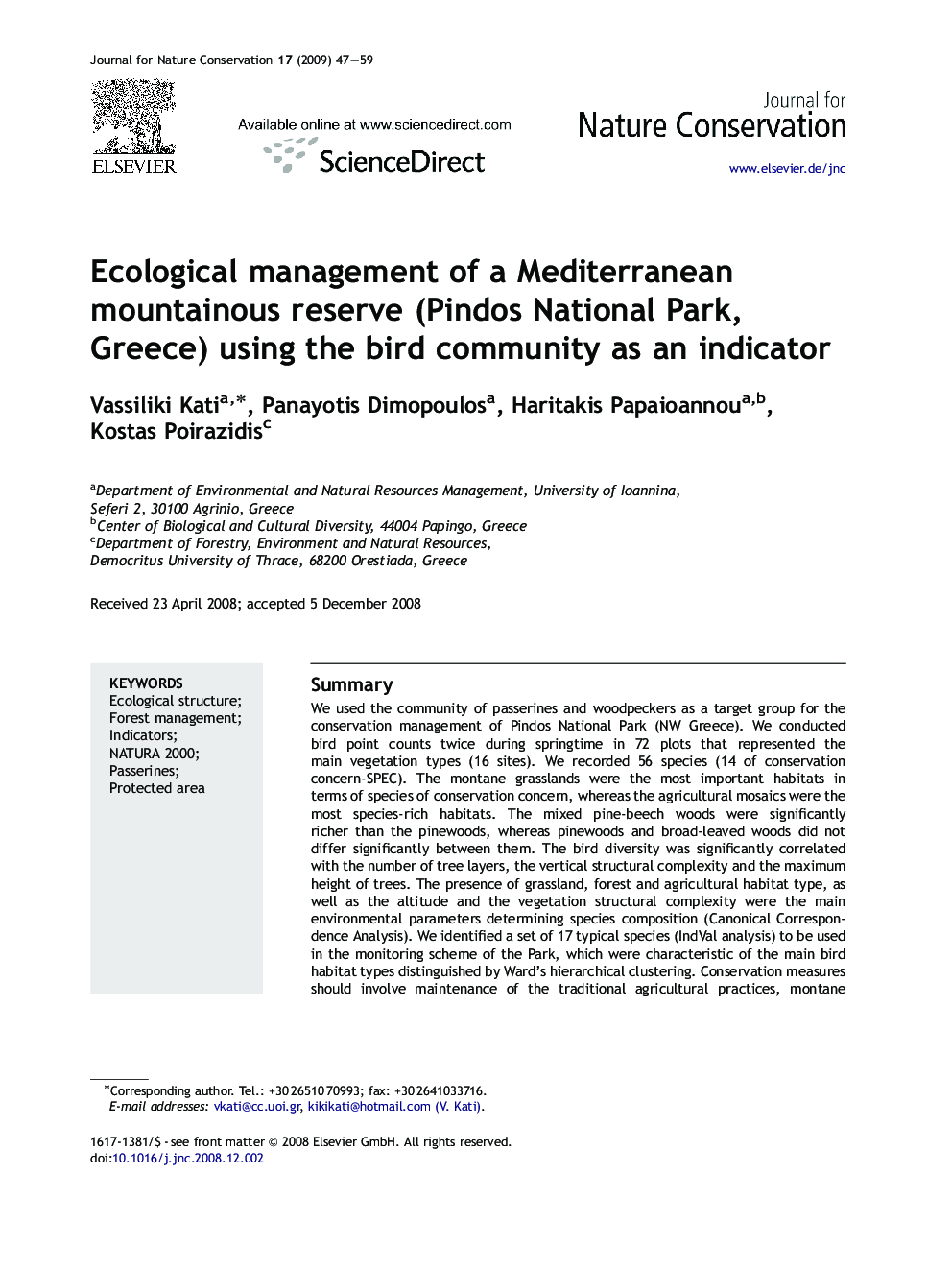 Ecological management of a Mediterranean mountainous reserve (Pindos National Park, Greece) using the bird community as an indicator