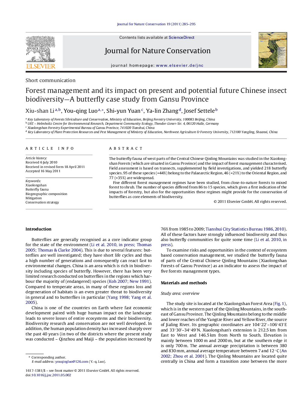 Forest management and its impact on present and potential future Chinese insect biodiversity—A butterfly case study from Gansu Province