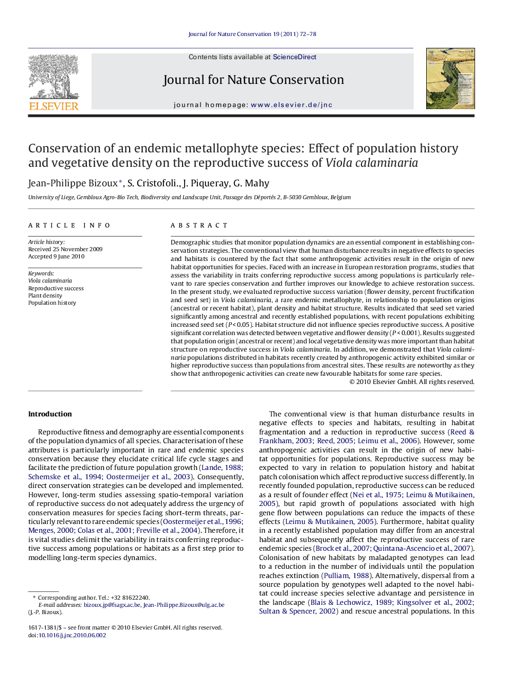 Conservation of an endemic metallophyte species: Effect of population history and vegetative density on the reproductive success of Viola calaminaria