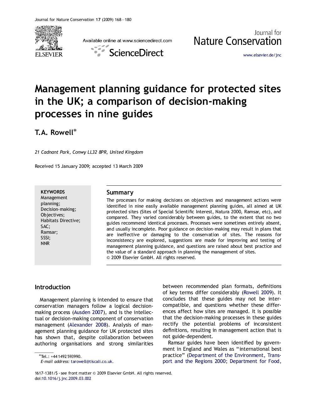 Management planning guidance for protected sites in the UK; a comparison of decision-making processes in nine guides