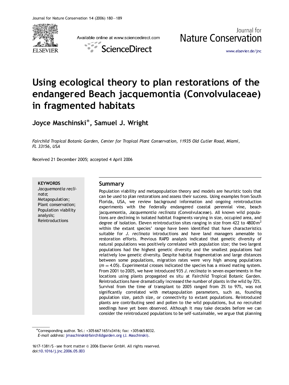 Using ecological theory to plan restorations of the endangered Beach jacquemontia (Convolvulaceae) in fragmented habitats