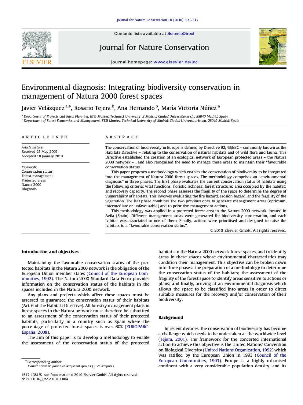 Environmental diagnosis: Integrating biodiversity conservation in management of Natura 2000 forest spaces