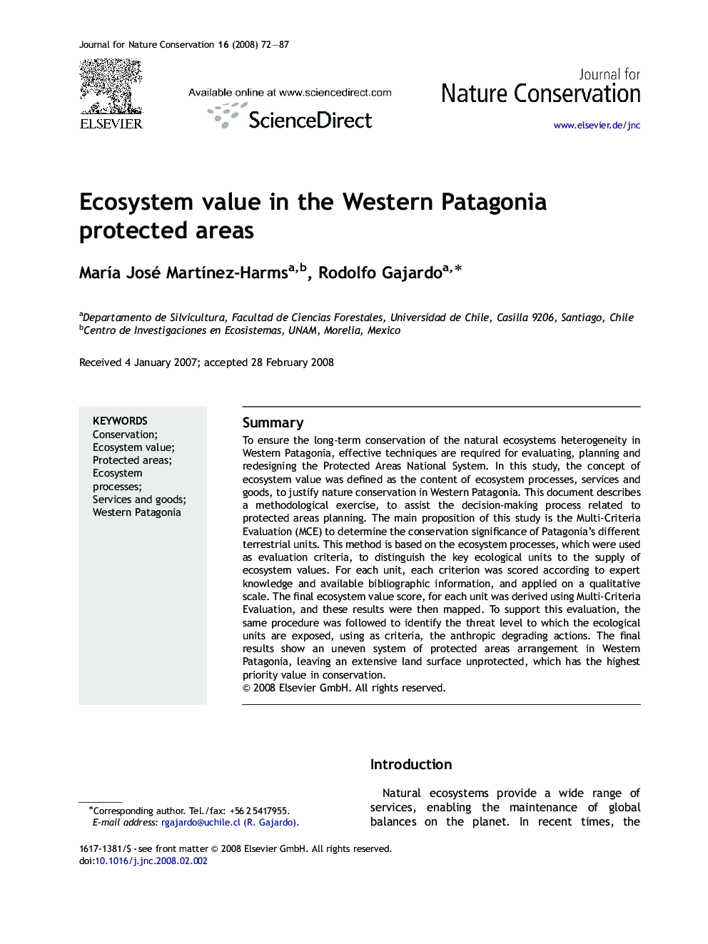 Ecosystem value in the Western Patagonia protected areas