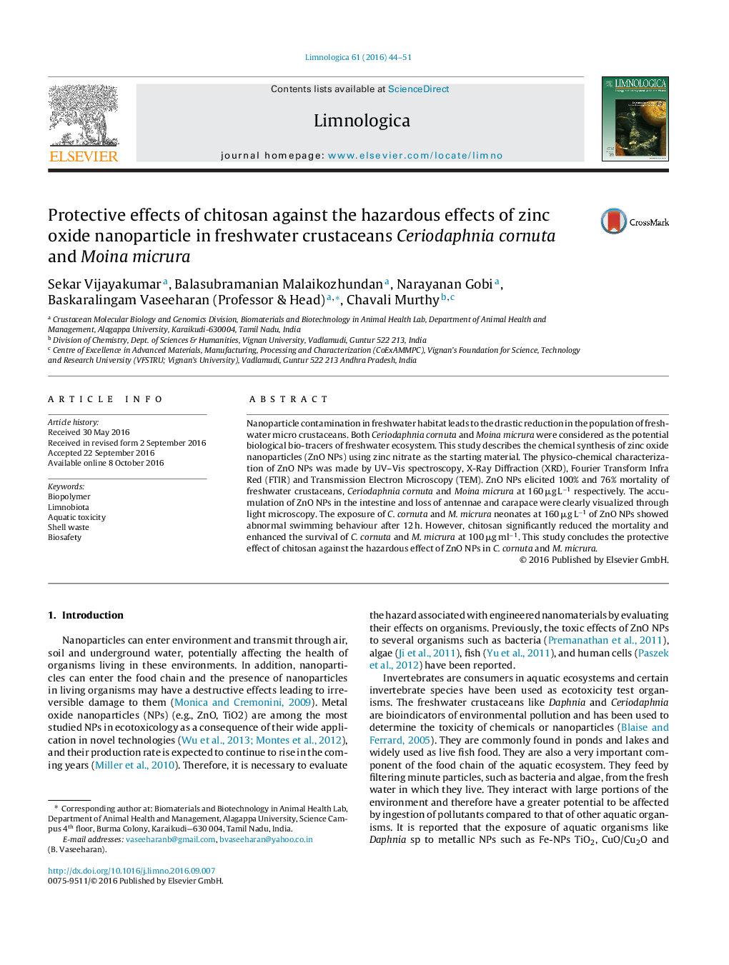 Protective effects of chitosan against the hazardous effects of zinc oxide nanoparticle in freshwater crustaceans Ceriodaphnia cornuta and Moina micrura