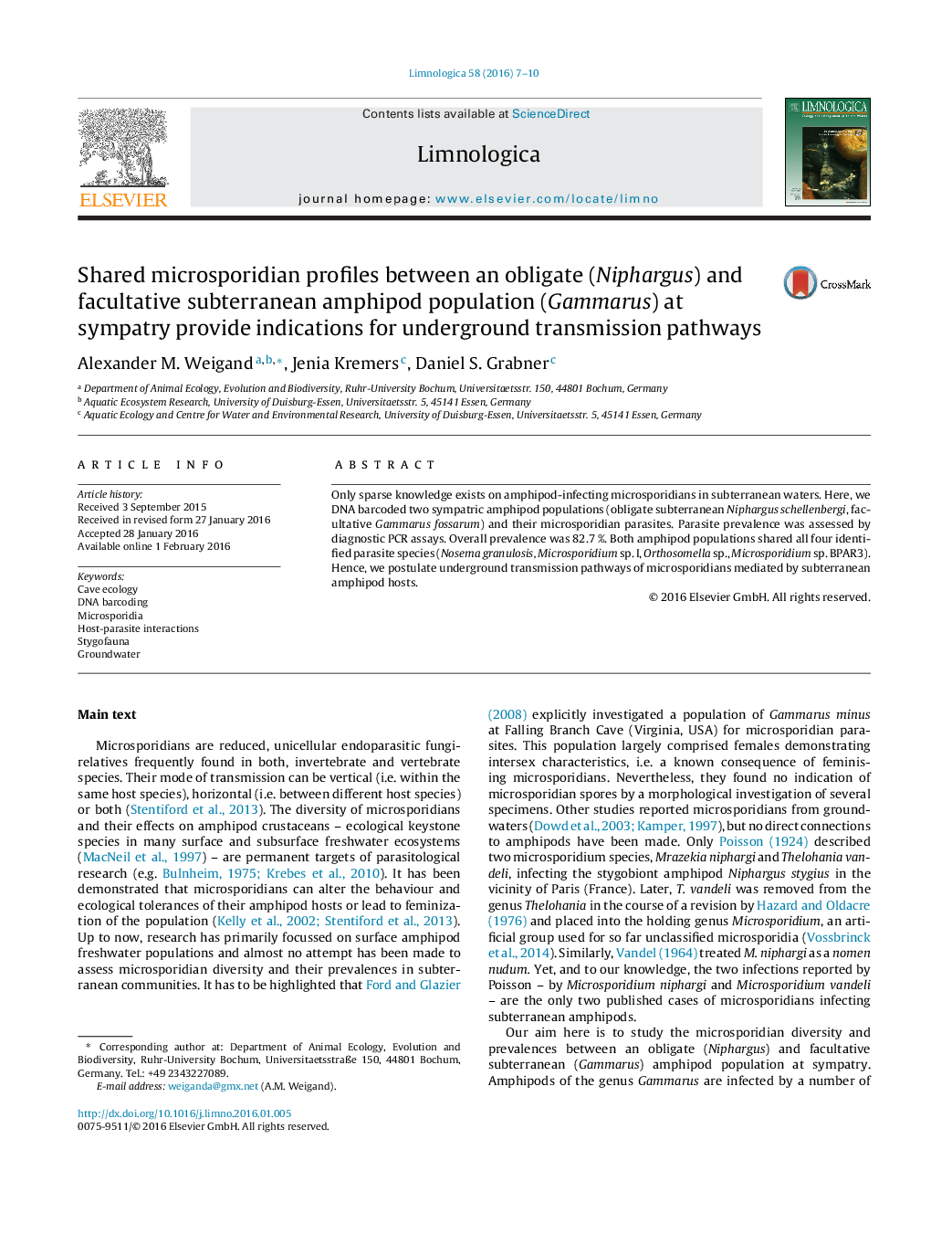 Shared microsporidian profiles between an obligate (Niphargus) and facultative subterranean amphipod population (Gammarus) at sympatry provide indications for underground transmission pathways