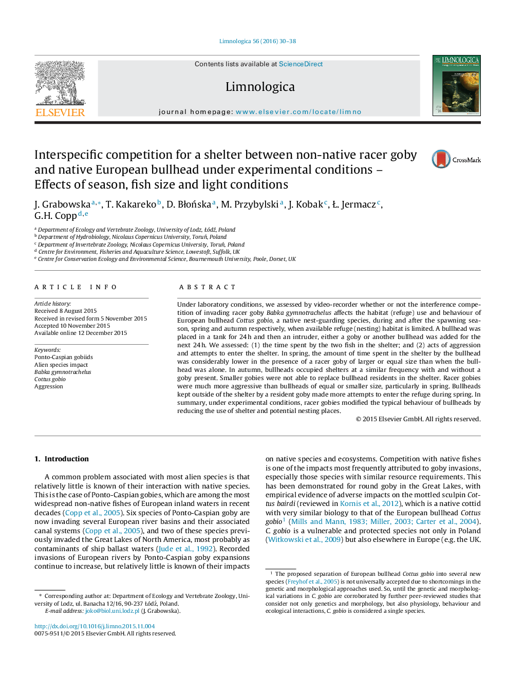 Interspecific competition for a shelter between non-native racer goby and native European bullhead under experimental conditions – Effects of season, fish size and light conditions