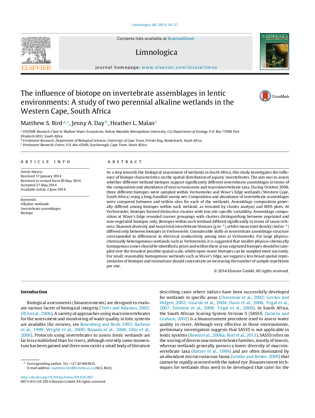 The influence of biotope on invertebrate assemblages in lentic environments: A study of two perennial alkaline wetlands in the Western Cape, South Africa