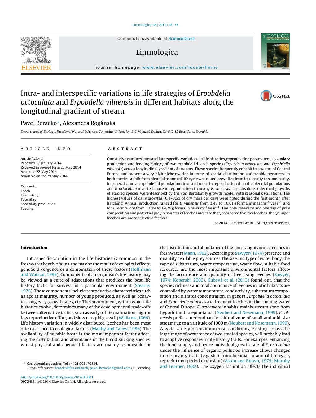 Intra- and interspecific variations in life strategies of Erpobdella octoculata and Erpobdella vilnensis in different habitats along the longitudinal gradient of stream