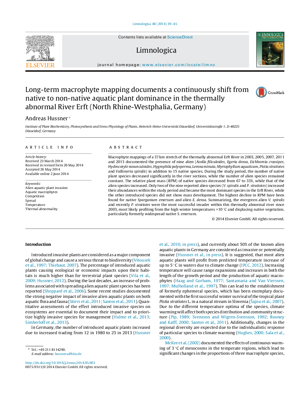 Long-term macrophyte mapping documents a continuously shift from native to non-native aquatic plant dominance in the thermally abnormal River Erft (North Rhine-Westphalia, Germany)