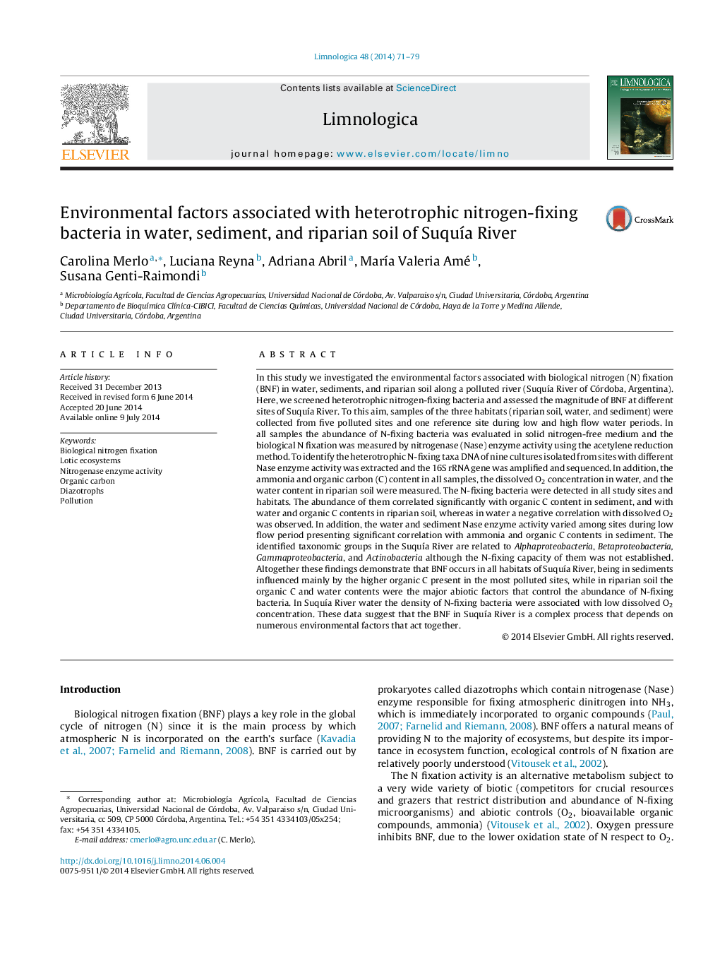 Environmental factors associated with heterotrophic nitrogen-fixing bacteria in water, sediment, and riparian soil of Suquía River