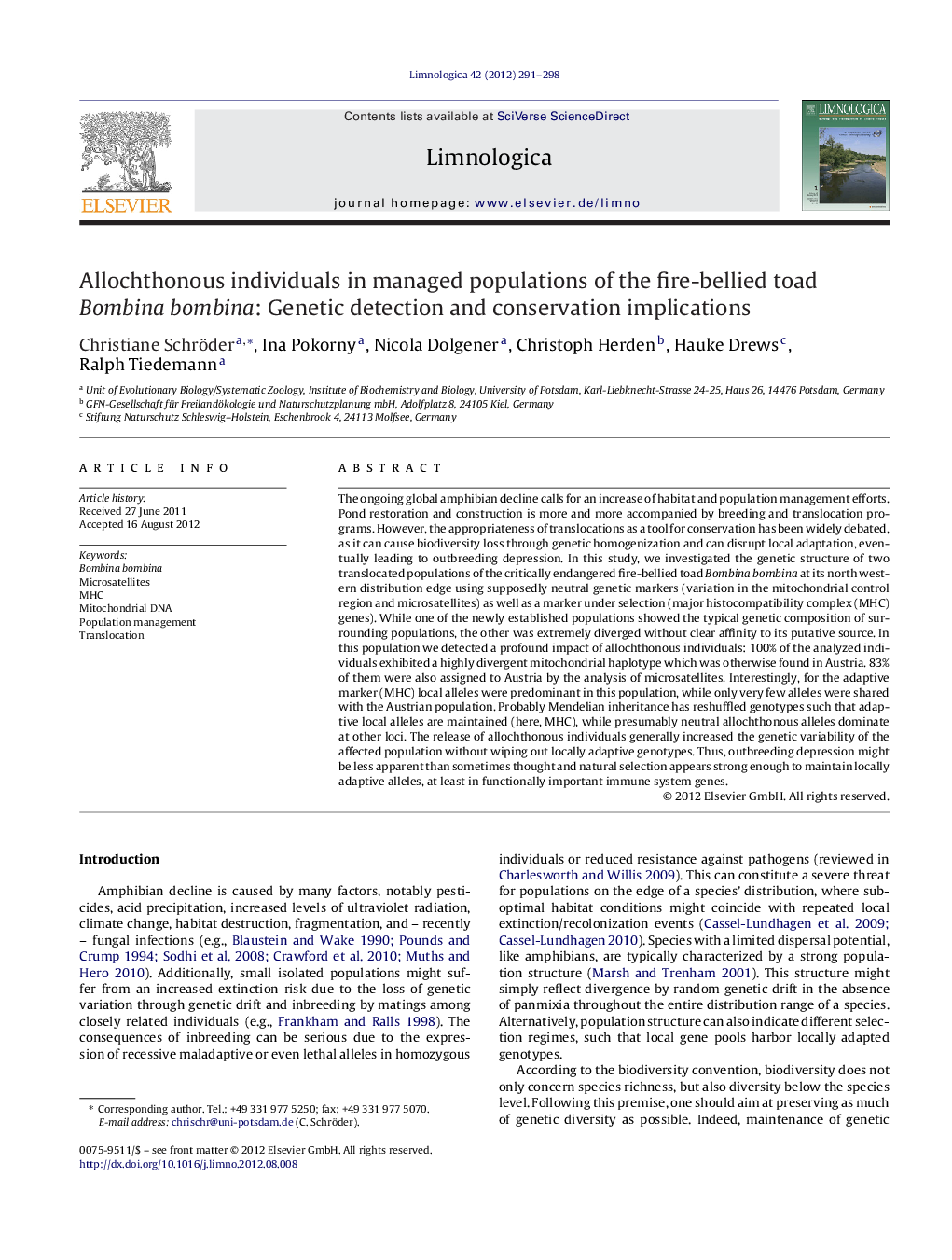 Allochthonous individuals in managed populations of the fire-bellied toad Bombina bombina: Genetic detection and conservation implications