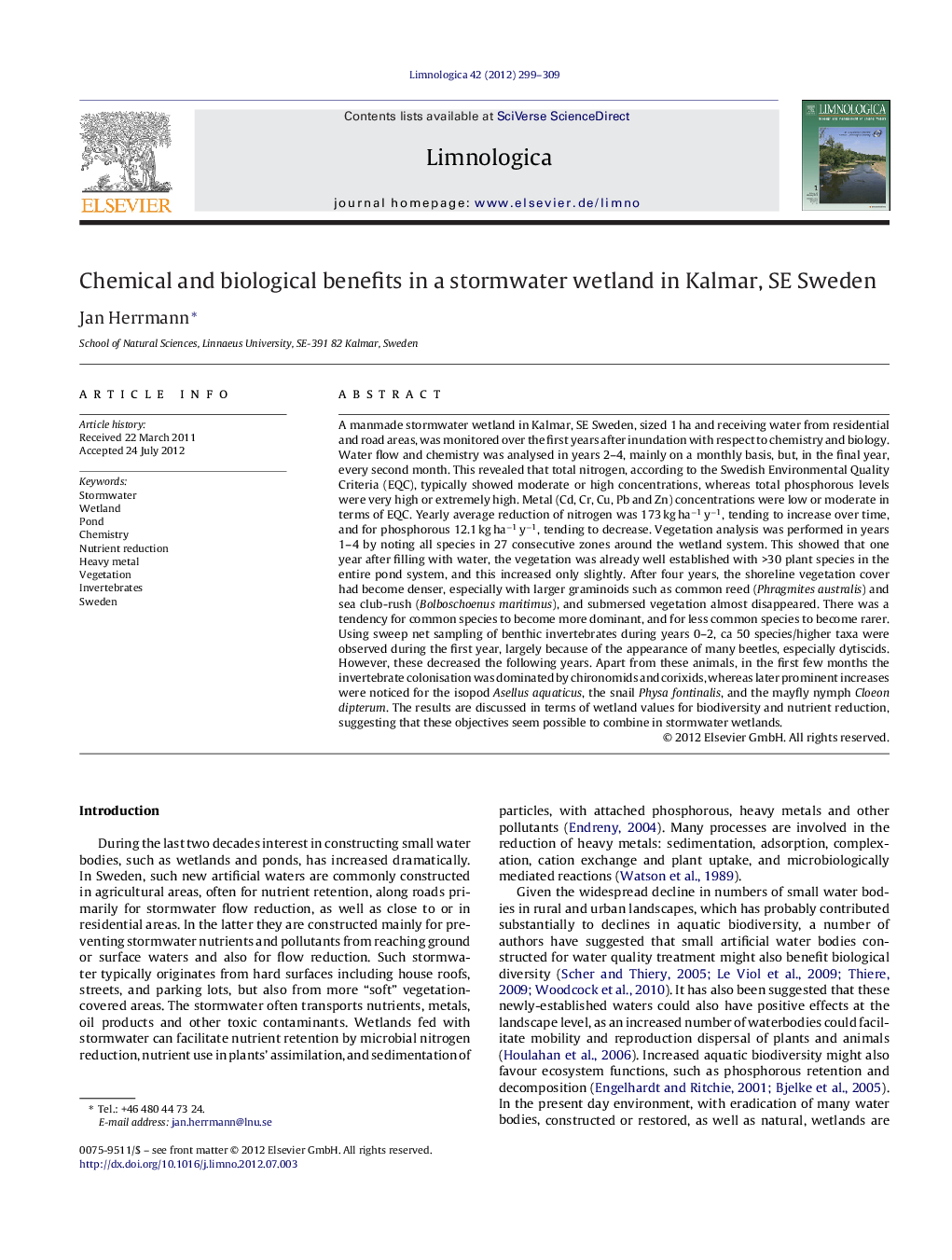 عکس صفحه اول مقاله: Chemical and biological benefits in a stormwater wetland in Kalmar, SE Sweden Chemical and biological benefits in a stormwater wetland in Kalmar, SE Sweden