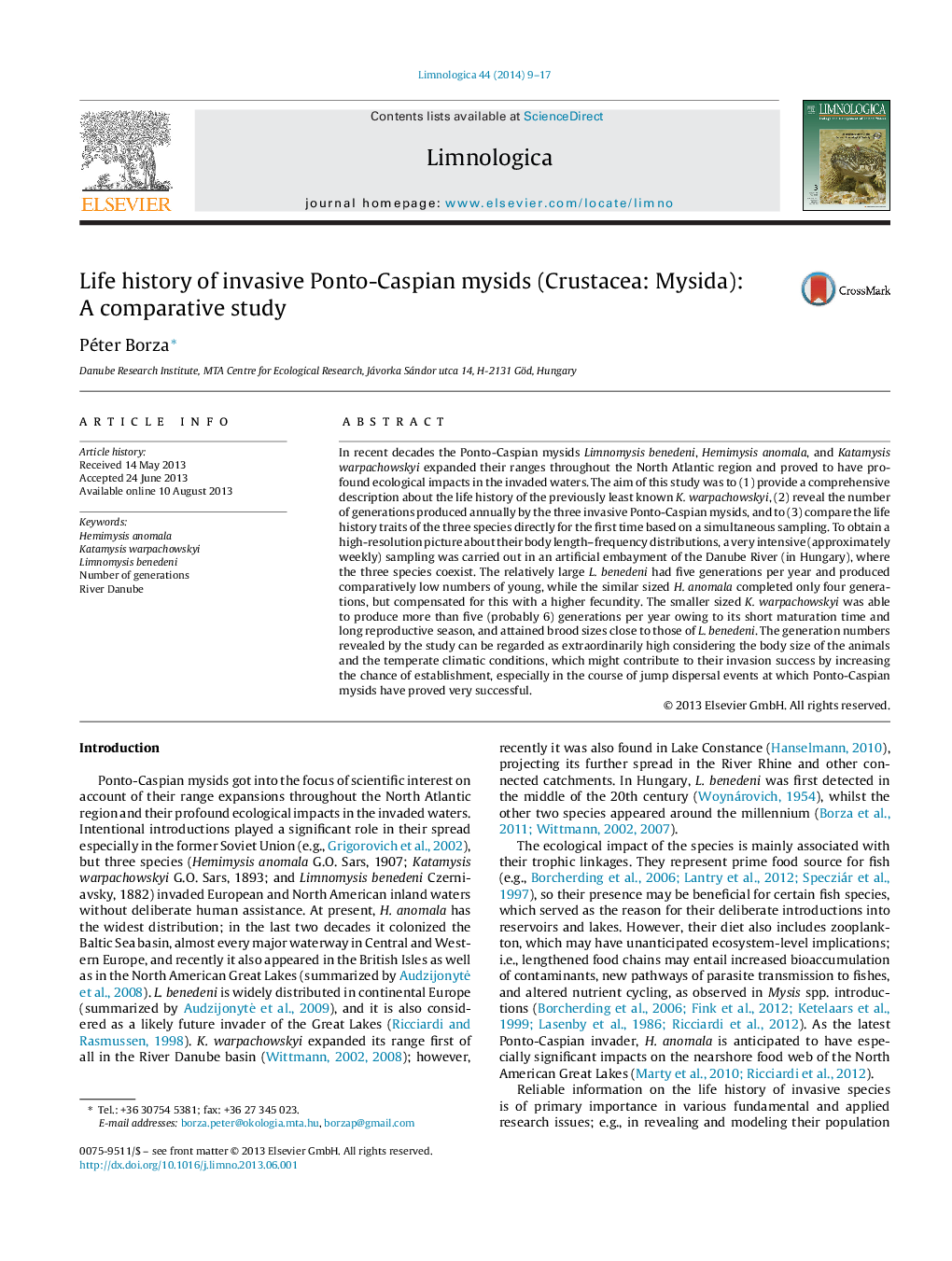 Life history of invasive Ponto-Caspian mysids (Crustacea: Mysida): A comparative study