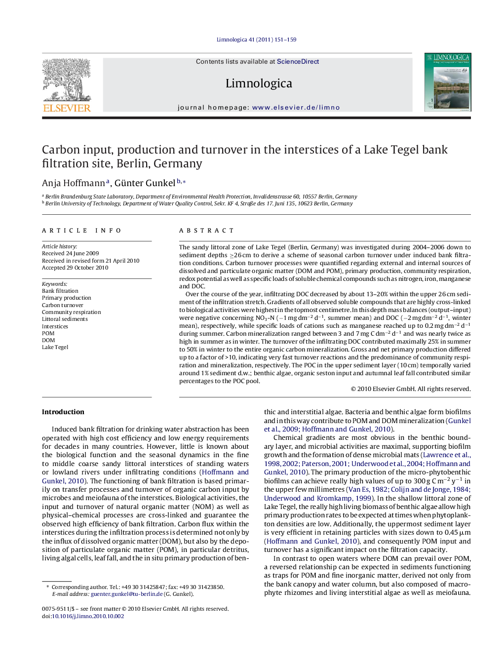 Carbon input, production and turnover in the interstices of a Lake Tegel bank filtration site, Berlin, Germany