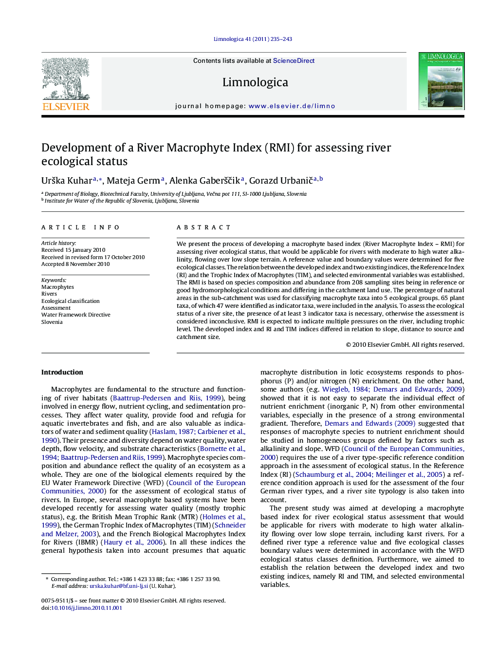 Development of a River Macrophyte Index (RMI) for assessing river ecological status