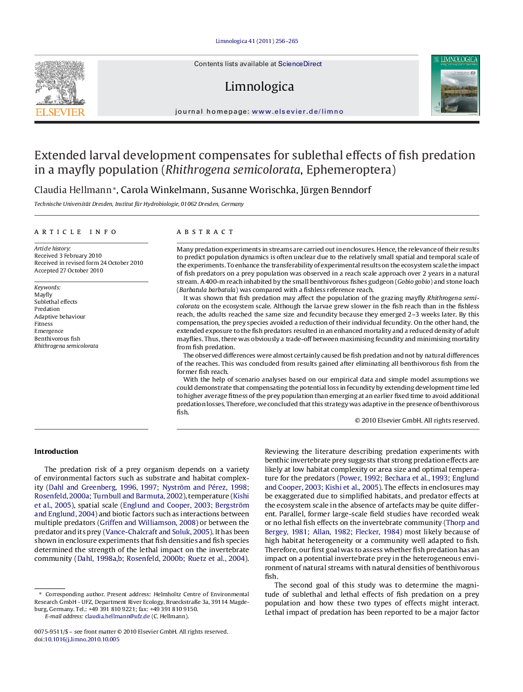 Extended larval development compensates for sublethal effects of fish predation in a mayfly population (Rhithrogena semicolorata, Ephemeroptera)