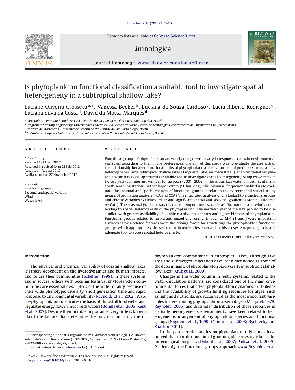 Is phytoplankton functional classification a suitable tool to investigate spatial heterogeneity in a subtropical shallow lake?