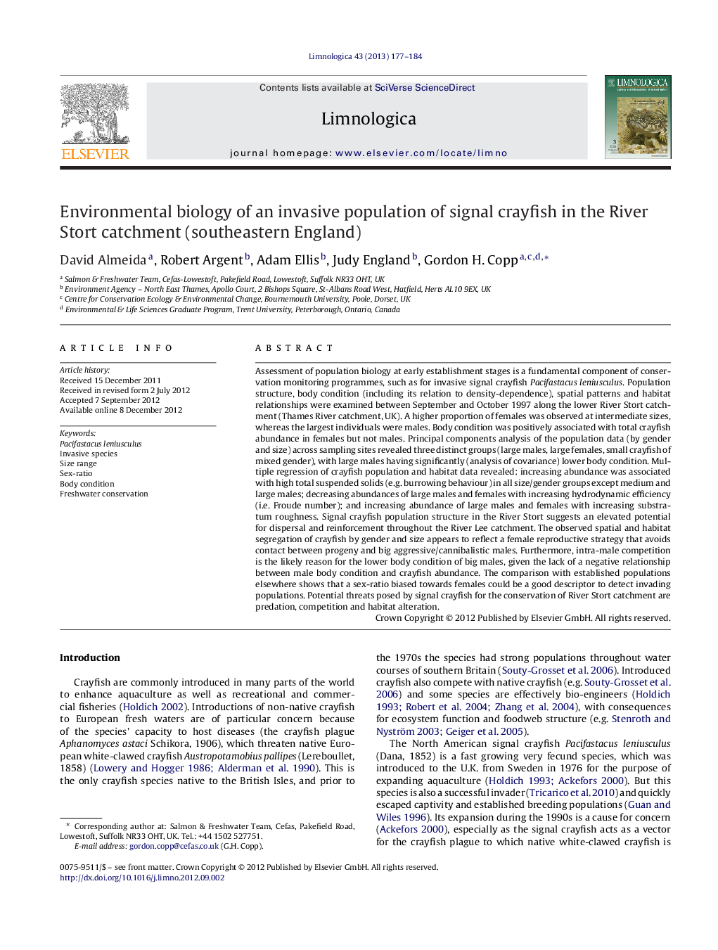 Environmental biology of an invasive population of signal crayfish in the River Stort catchment (southeastern England)