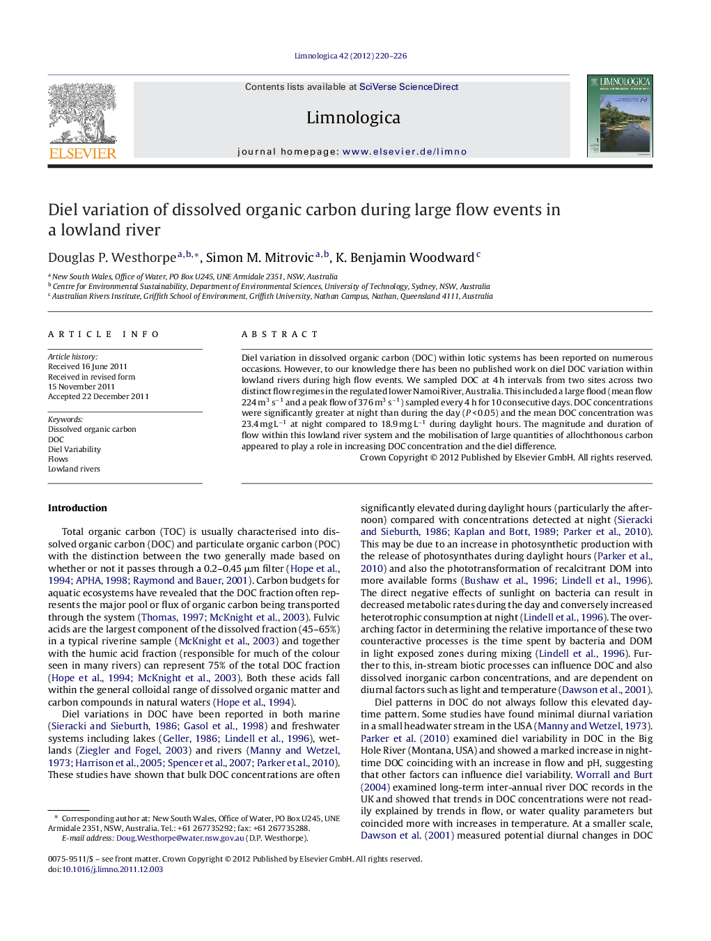 Diel variation of dissolved organic carbon during large flow events in a lowland river