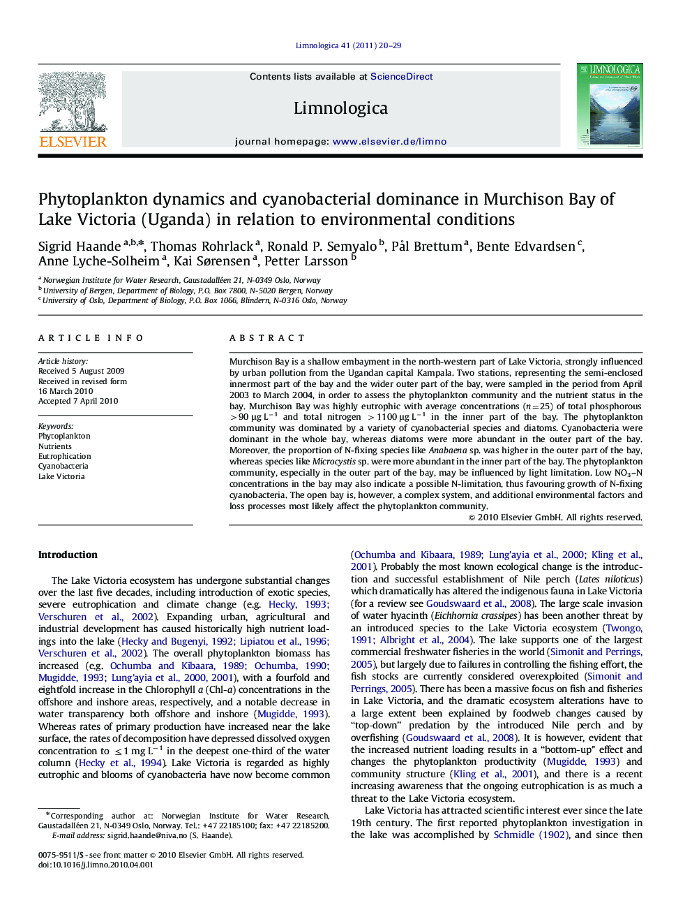 Phytoplankton dynamics and cyanobacterial dominance in Murchison Bay of Lake Victoria (Uganda) in relation to environmental conditions