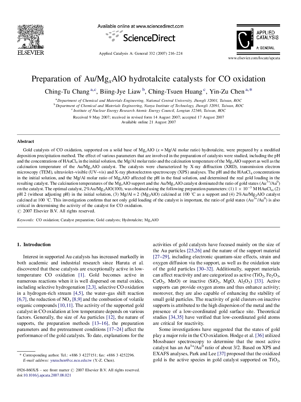 Preparation of Au/MgxAlO hydrotalcite catalysts for CO oxidation