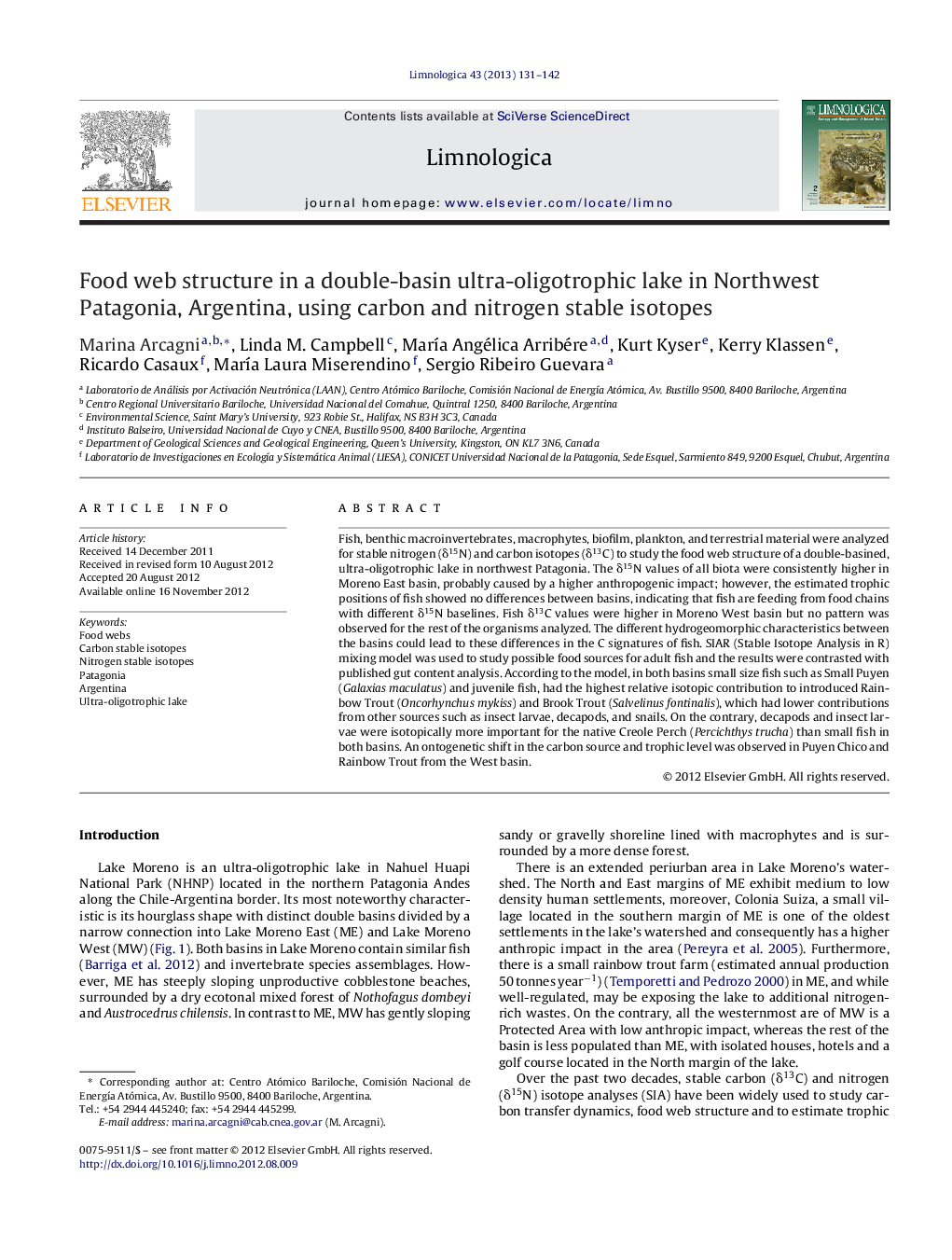 Food web structure in a double-basin ultra-oligotrophic lake in Northwest Patagonia, Argentina, using carbon and nitrogen stable isotopes