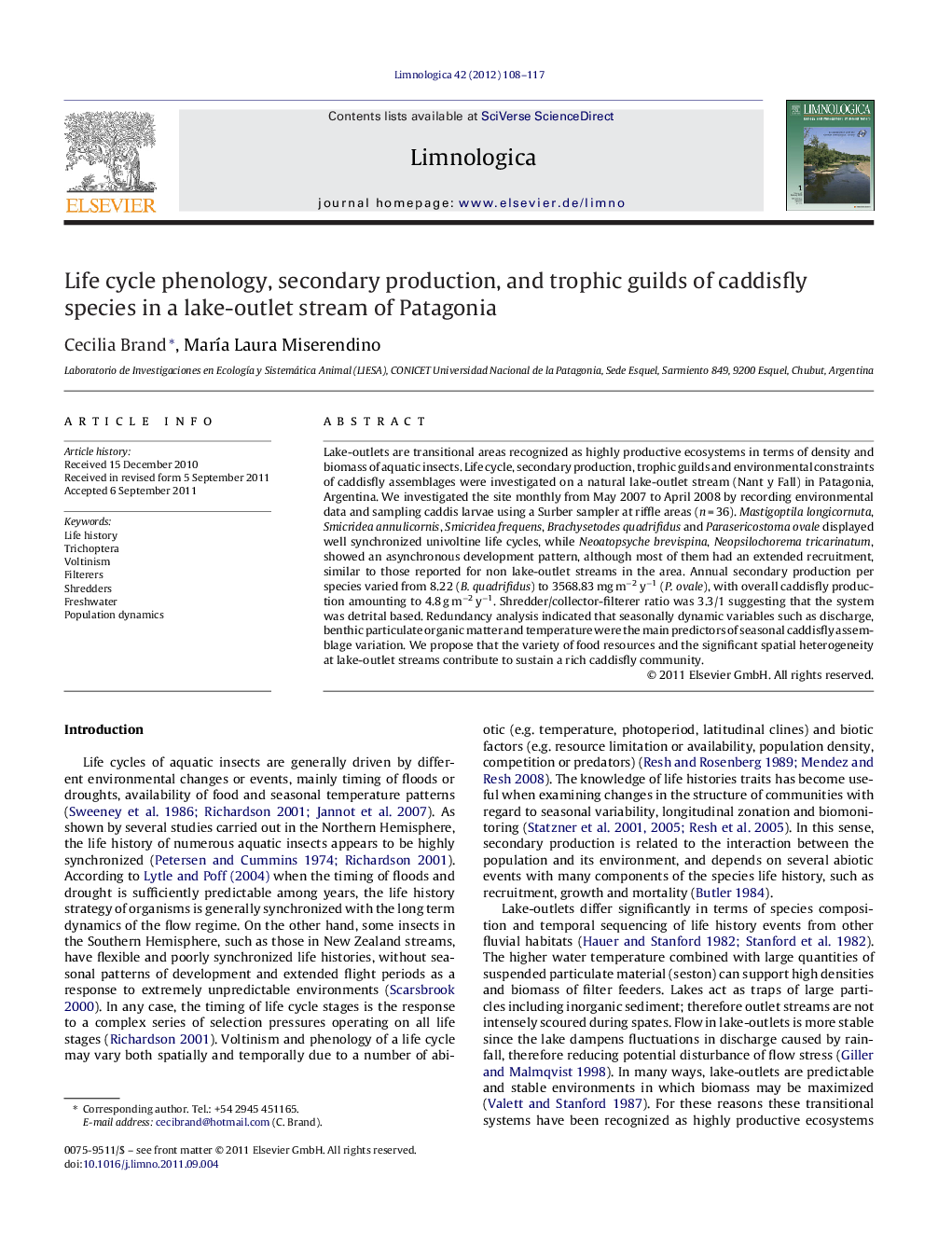 Life cycle phenology, secondary production, and trophic guilds of caddisfly species in a lake-outlet stream of Patagonia