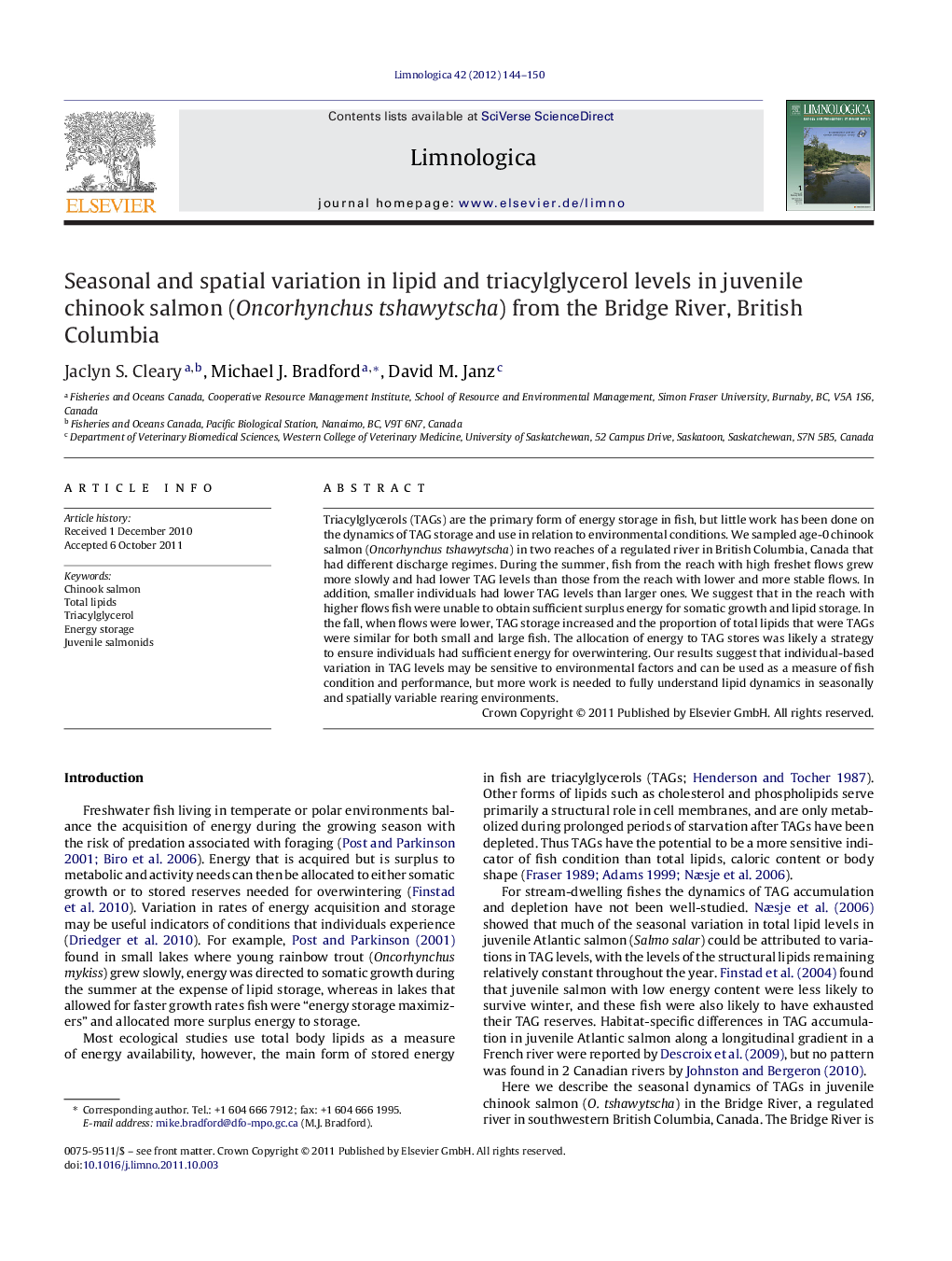 Seasonal and spatial variation in lipid and triacylglycerol levels in juvenile chinook salmon (Oncorhynchus tshawytscha) from the Bridge River, British Columbia