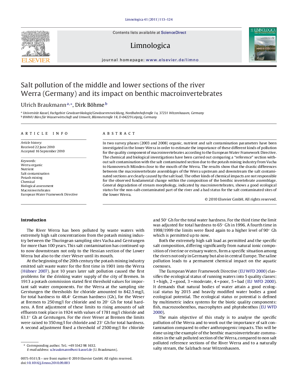 Salt pollution of the middle and lower sections of the river Werra (Germany) and its impact on benthic macroinvertebrates