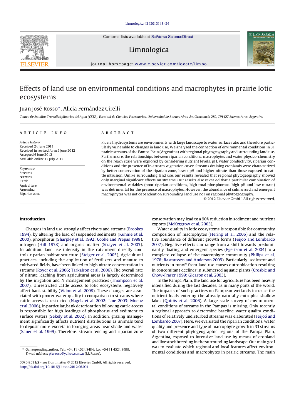 Effects of land use on environmental conditions and macrophytes in prairie lotic ecosystems