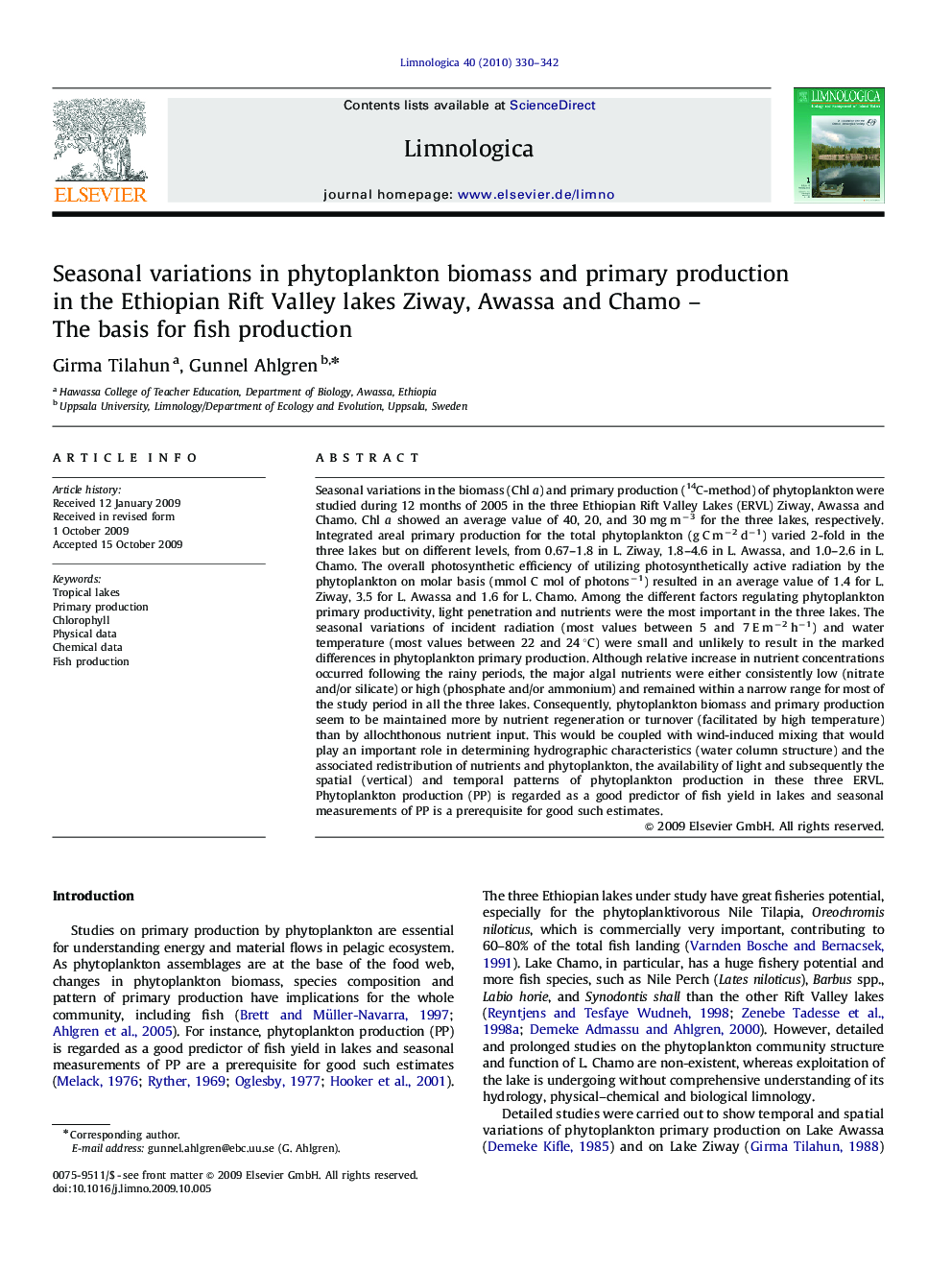 Seasonal variations in phytoplankton biomass and primary production in the Ethiopian Rift Valley lakes Ziway, Awassa and Chamo – The basis for fish production