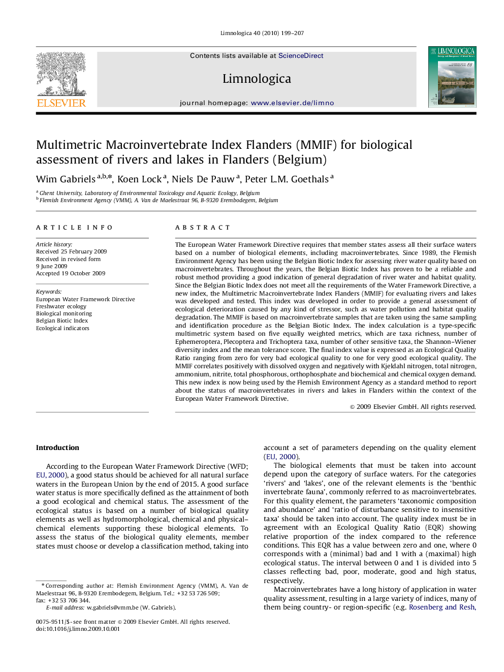 Multimetric Macroinvertebrate Index Flanders (MMIF) for biological assessment of rivers and lakes in Flanders (Belgium)