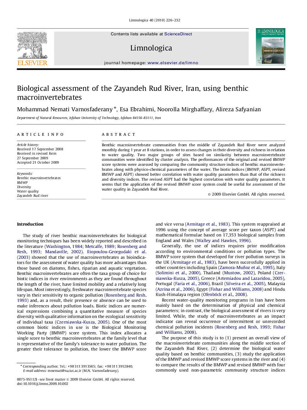 Biological assessment of the Zayandeh Rud River, Iran, using benthic macroinvertebrates