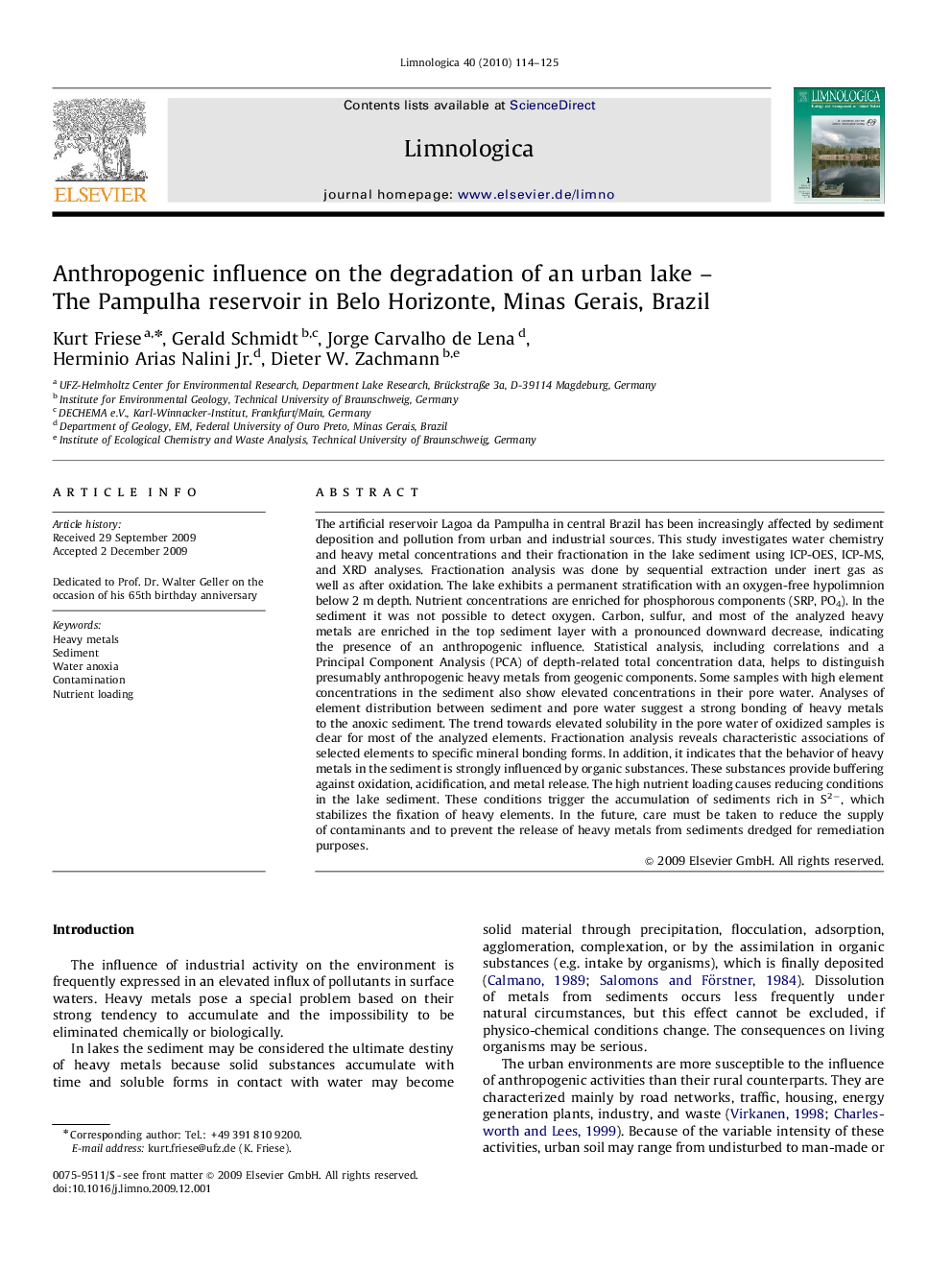 Anthropogenic influence on the degradation of an urban lake – The Pampulha reservoir in Belo Horizonte, Minas Gerais, Brazil