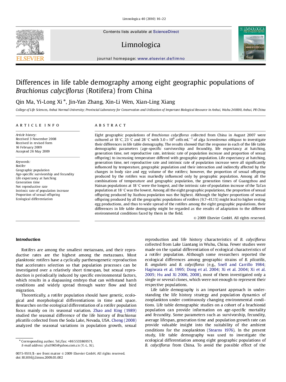 Differences in life table demography among eight geographic populations of Brachionus calyciflorus (Rotifera) from China