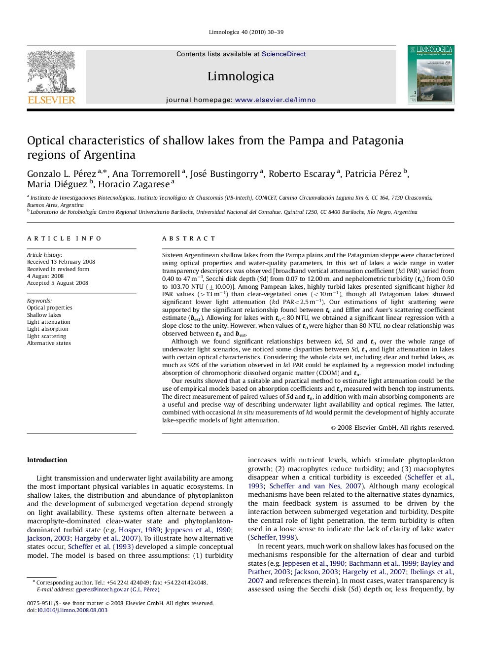 Optical characteristics of shallow lakes from the Pampa and Patagonia regions of Argentina