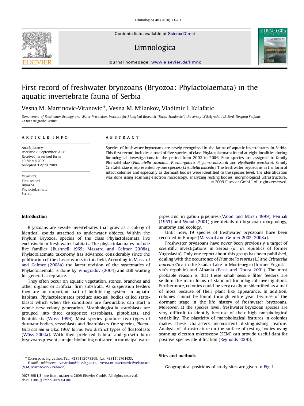 First record of freshwater bryozoans (Bryozoa: Phylactolaemata) in the aquatic invertebrate fauna of Serbia