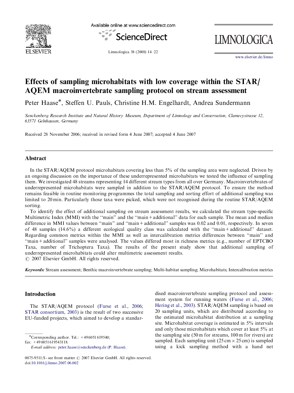 Effects of sampling microhabitats with low coverage within the STAR/AQEM macroinvertebrate sampling protocol on stream assessment