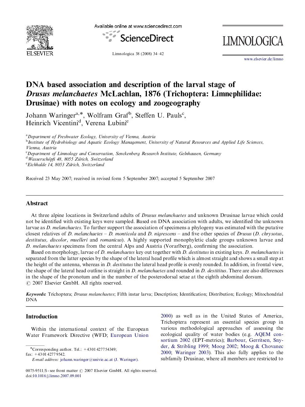 DNA based association and description of the larval stage of Drusus melanchaetes McLachlan, 1876 (Trichoptera: Limnephilidae: Drusinae) with notes on ecology and zoogeography