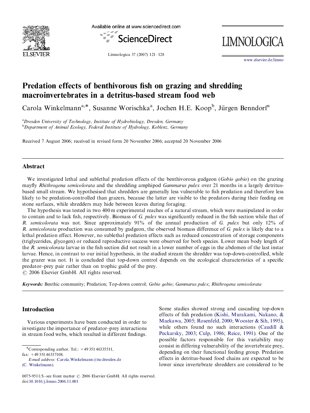 Predation effects of benthivorous fish on grazing and shredding macroinvertebrates in a detritus-based stream food web